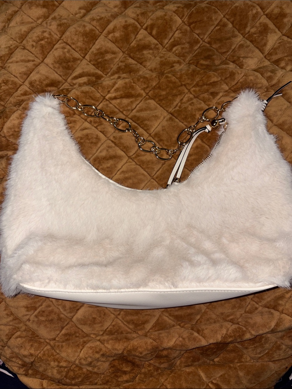 Victoria's Secret Cream Faux-Fur Shoulder Bag with Gold Chain